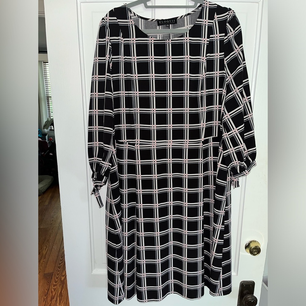 Eloquii a-line dress, black with pink and white plaid, 3/4 sleeves, 20